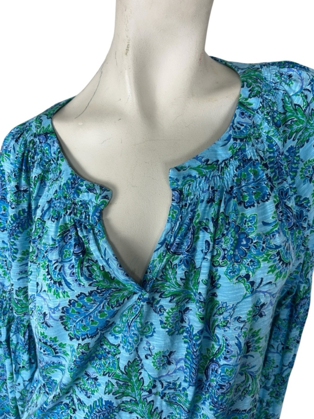 J. Jill Paisley Floral Top Large Tall Blue Green Boho Long Sleeve Blouse Stretch - Picture 2 of 7
